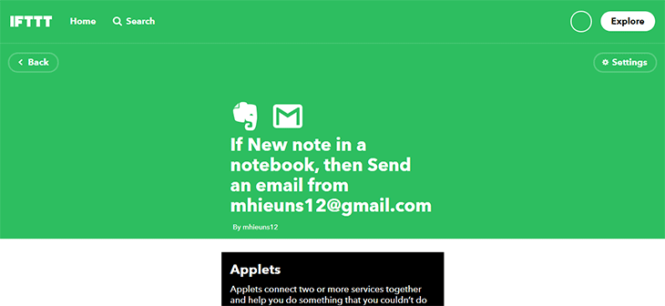 Với IFTTT, bạn có thể mặc định nhận được email với nội dung như ghi chú vừa tạo bằng Evernote