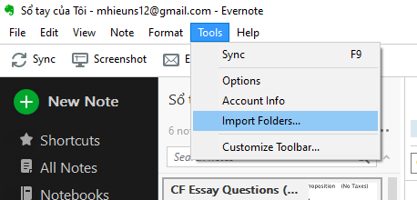 Vào Tools > Import Folders để tải thư mục lên Evernote