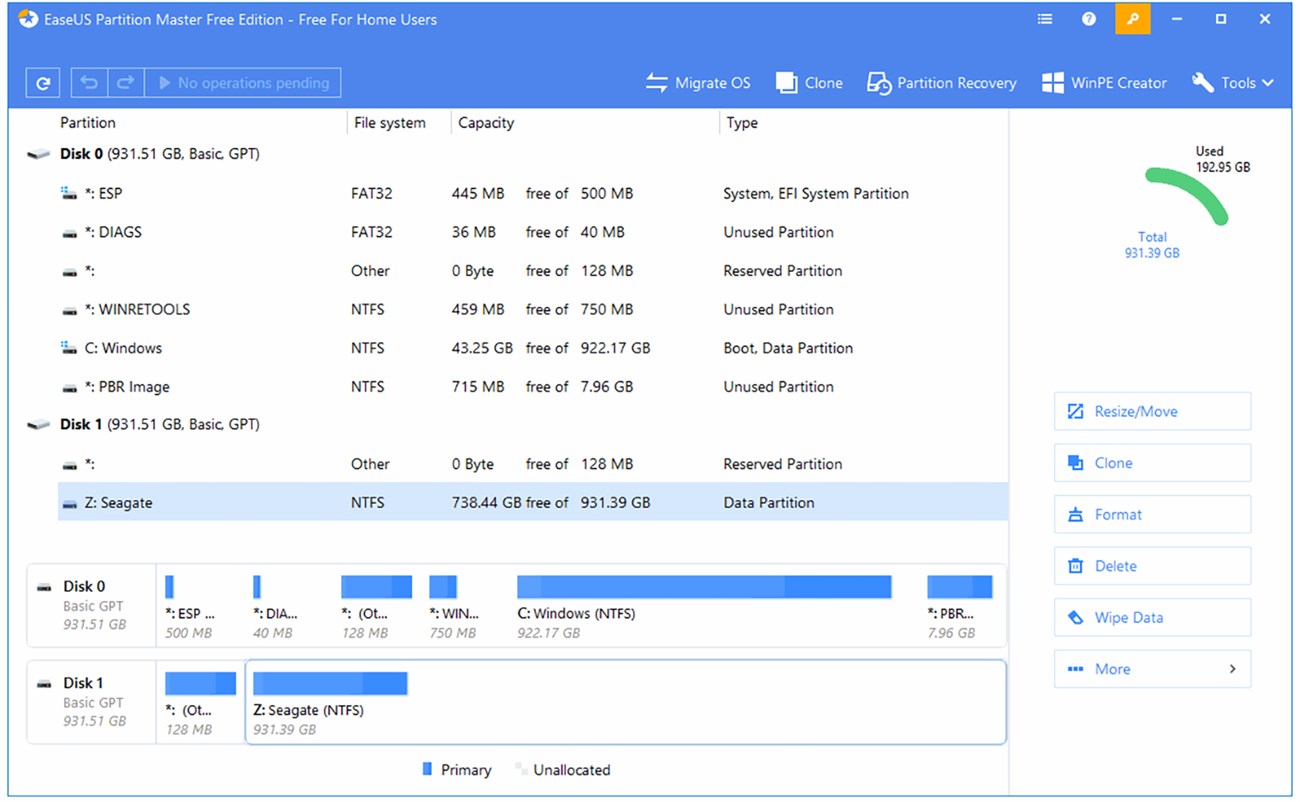 7 phần mềm chia ổ cứng tốt nhất và nhanh chóng trên Windows 10, 8, 7 > EaseUS Partition Master Free Edition