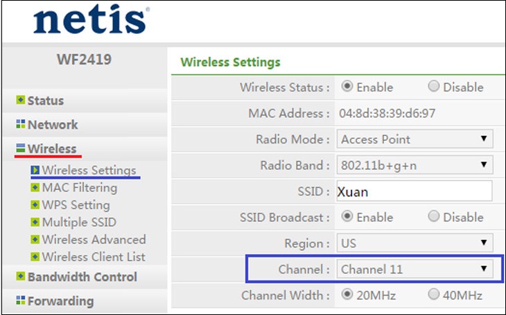 Vào Wireless > Wireless Settings > Thay đổi ở phần Channel (nên sử dụng kênh 1, 6 hoặc 11).