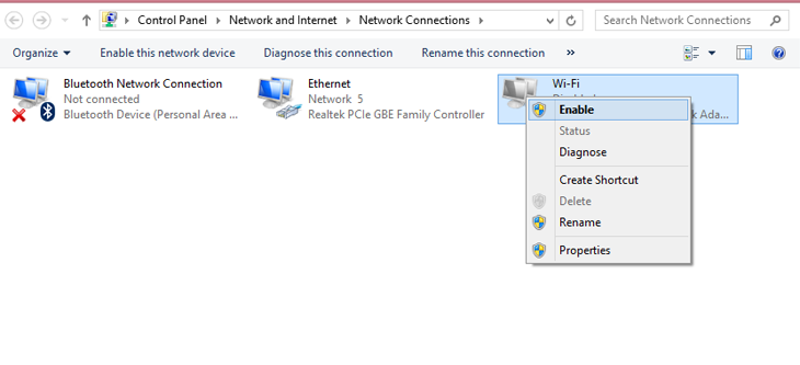 Click chuột phải lên Wi-Fi > Enable