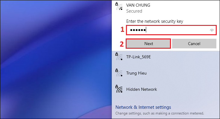 Nhập mật khẩu  Nhấn Next để kết nối Wi-Fi