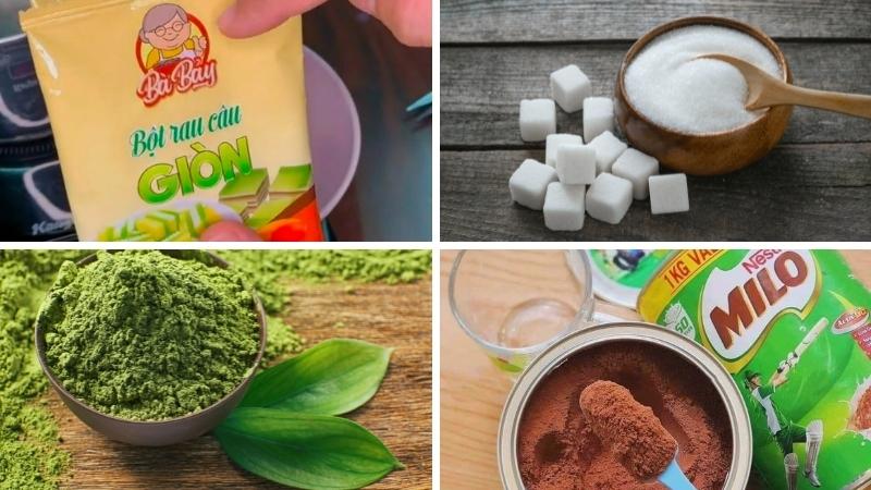 Nguyên liệu làm rau câu sơn thủy bằng bột milo và matcha