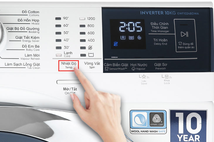 Hướng dẫn sử dụng máy giặt Electrolux 10 kg EWF1024BDWA > Nhiệt độ (độ C)