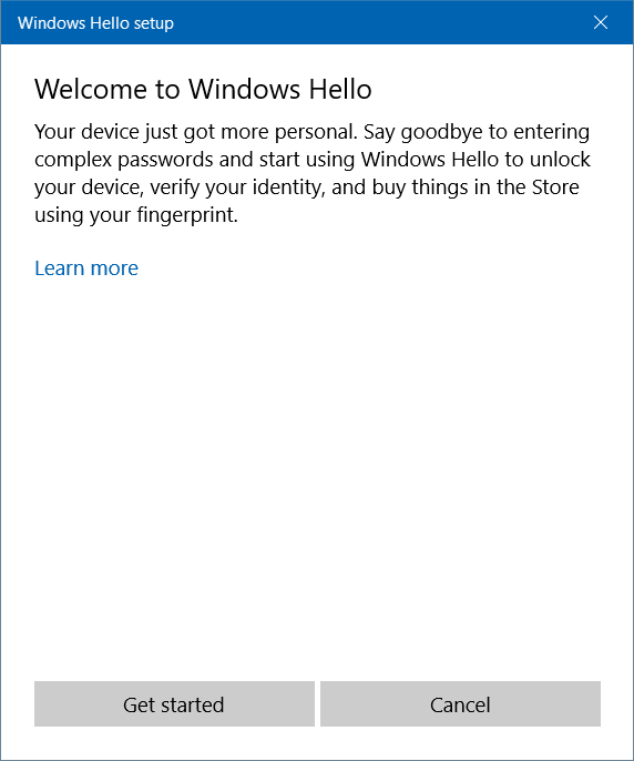 Trên Windows Hello setup wizard, chọn nút Get Started