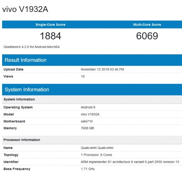 Vivo S5 lộ cấu hình, điểm sức mạnh trên Geekbench: RAM 8GB, chip Snapdragon 712 Vivo S5 lộ cấu hình, điểm sức mạnh trên Geekbench: RAM 8GB, chip Snapdragon 712