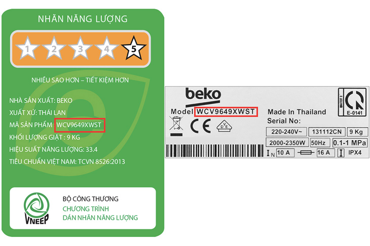 Hướng dẫn sử dụng máy giặt Beko Inverter 9 kg WCV9649XWST > Xác định tên của máy giặt