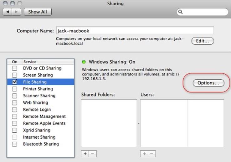 Tích vào hộp kế File Sharing và Options