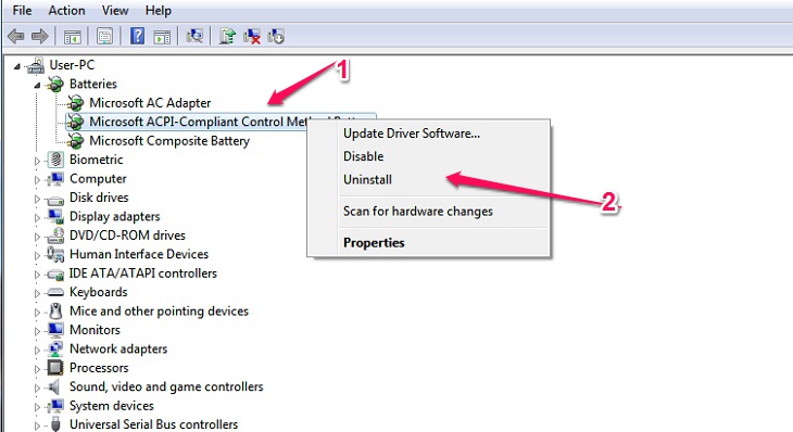 Nhấp chuột phải vào Microsoft ACPI-Compliant Control Method Battery, gỡ cài đặt Uninstal
