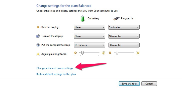 Dùng chuột nhấp vào Change advanced power settings