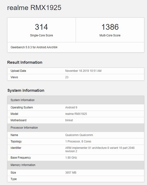 Realme 5s pin 5.000mAh, 4 camera 48MP lộ điểm số sức mạnh, cấu hình trên Geekbench