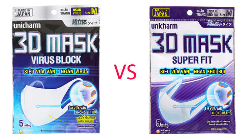 Khẩu trang Unicharm 3D Mask Virus Block và Unicharm 3D Supper Fit khác nhau gì?