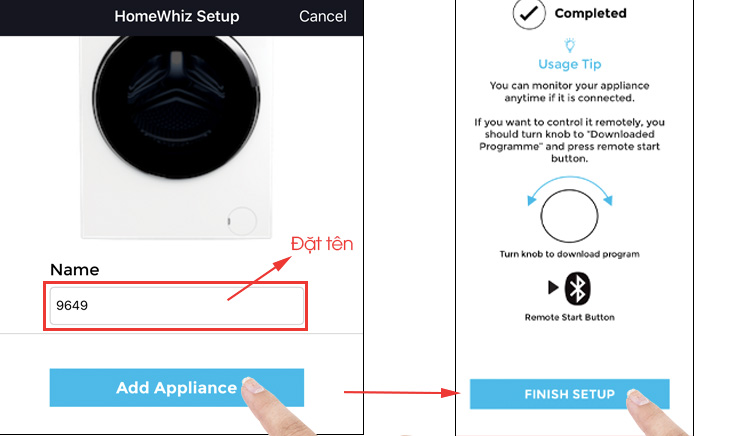 Đặt tên cho máy giặt trên ứng dụng và kết thúc kết nối