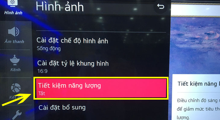 Chọn mục Tiết kiệm năng lượng