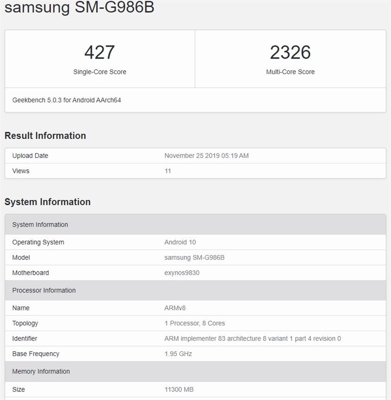 Samsung Galaxy S11 5G lộ cấu hình và điểm benchmark trên Geekbench