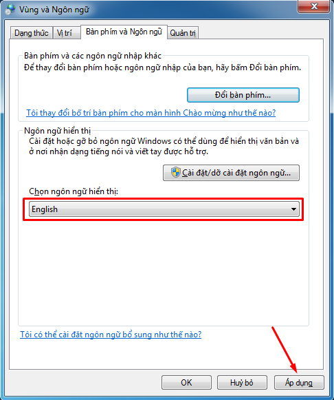 Chọn vào tab Bàn phím và Ngôn ngữ  Tại mục Chọn ngôn ngữ hiển thị bạn hãy chuyển về English  Nhấn Áp dụng để lưu lại.