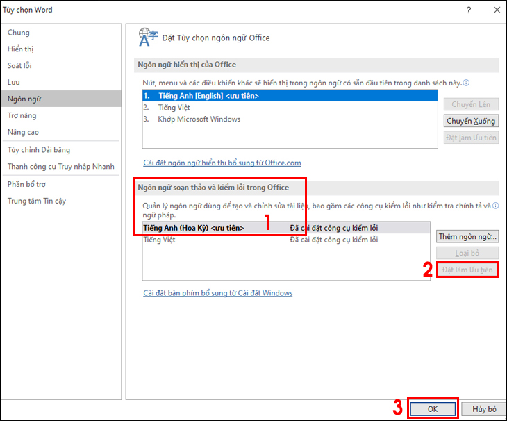 tại mục Ngôn ngữ soạn thảo và sửa lỗi trong Office bạn chọn Tiếng Anh (English)