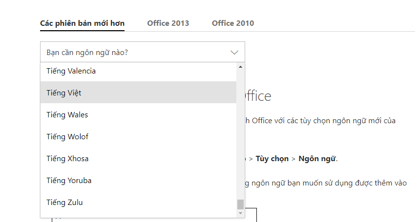 Chọn phiên bản, ngôn ngữ Microsoft Office tải về