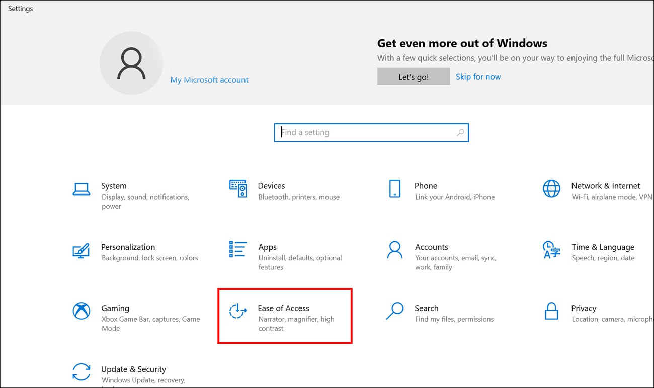 Vào Start > Setting > Chọn Ease of Access