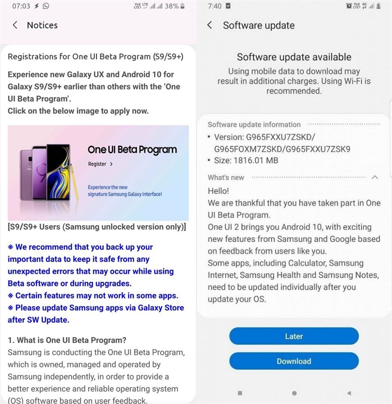 Galaxy S9 Plus cập nhật One UI 2 beta