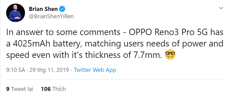 Phó chủ tịch OPPO xác nhận Reno3 Pro tuy có pin lớn nhưng vẫn giữ được độ mỏng