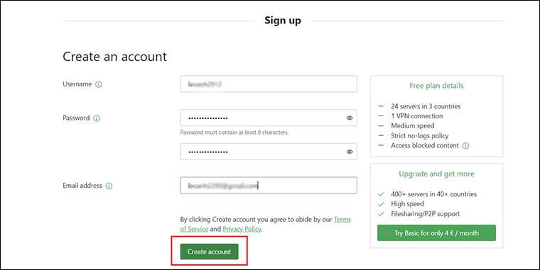 Chọn Create Account (Tạo tài khoản) > Chọn Get Free >  Điền thông tin để đăng ký > Chọn Create Account