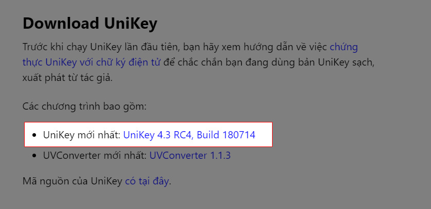 Chọn vào Phiên bản Unikey mới nhất