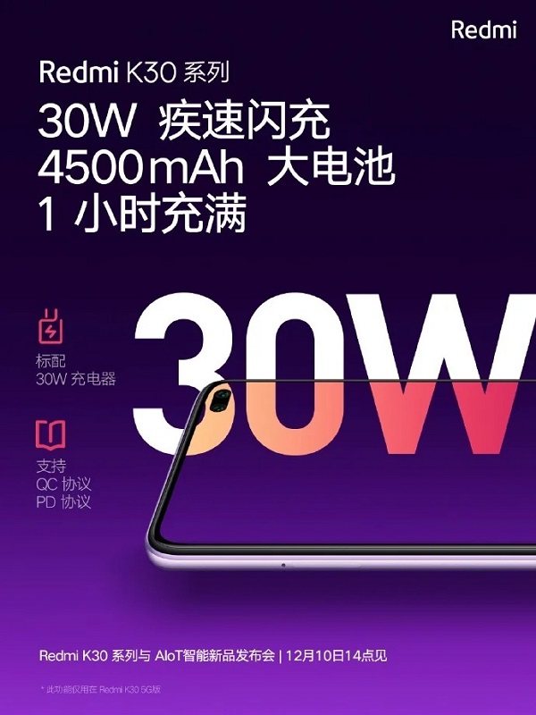 Redmi K30 5G đi kèm sạc nhanh 30W có thể sạc đầy pin 4.500mAh chỉ trong 1 giờ