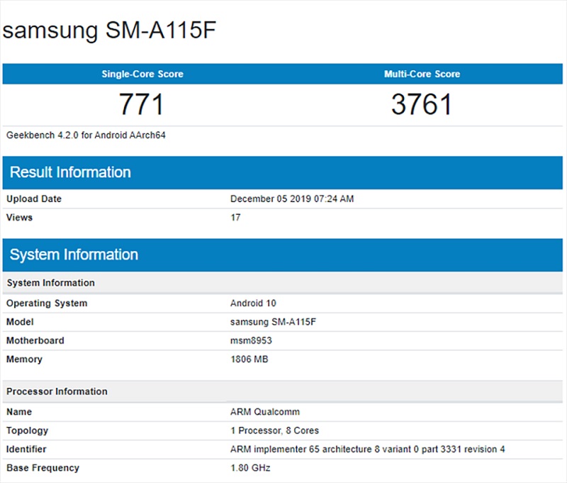 galaxy a11 geekbench