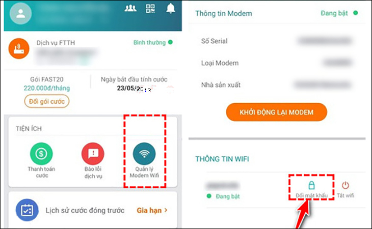 Chọn Quản lý Modem WiFi và chọn Đổi mật khẩu 