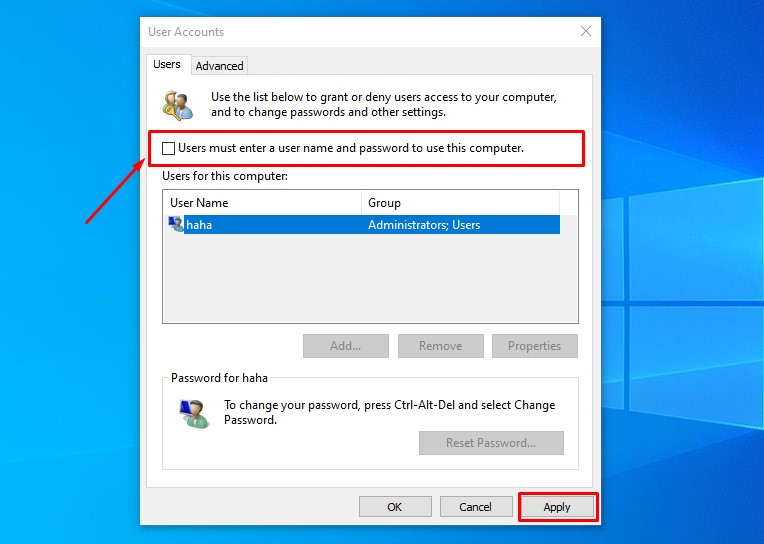 Hướng dẫn tắt, gỡ bỏ mật khẩu trên Windows 10 nhanh chóng > bỏ tích khung Users must enter a user name and password to use this computer.