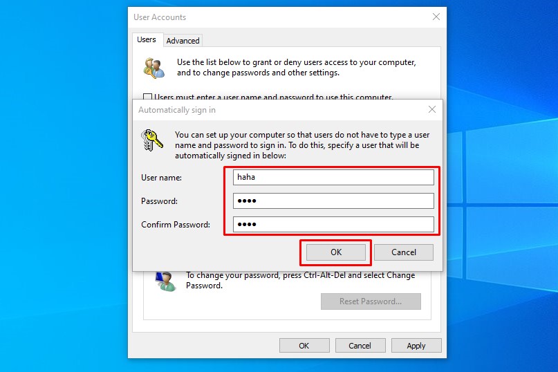 Nhập mật khẩu và xác nhận mật khẩu của người dùng khác