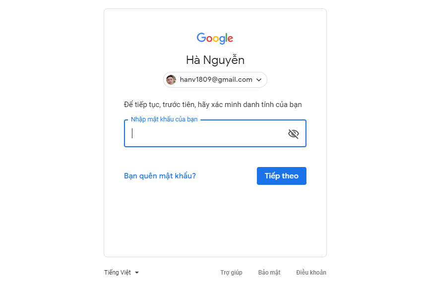 Nhập mật khẩu để xác minh vào tài khoản Google của bạn.