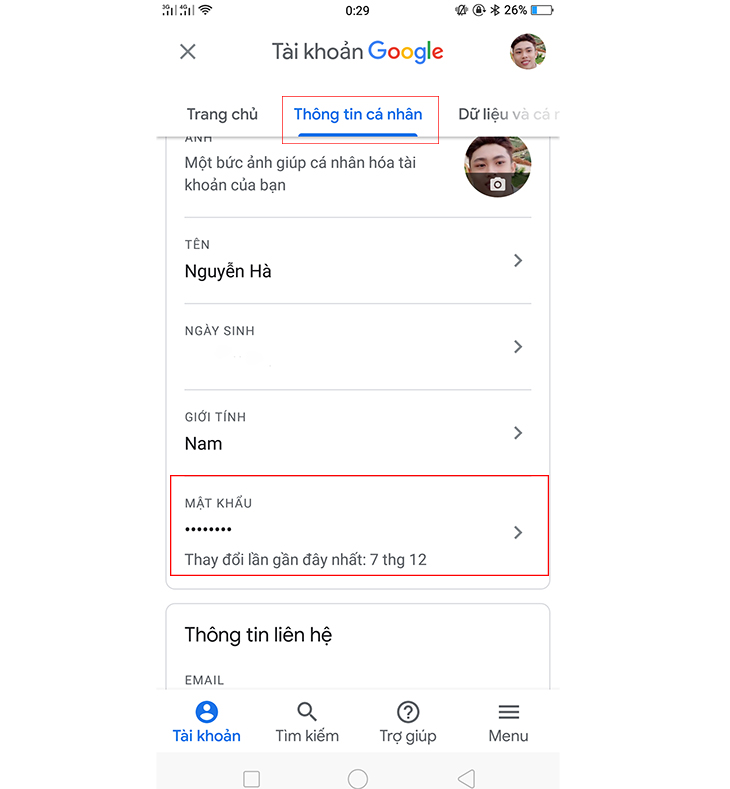 Quản lý tài khoản Google của bạn > Thông tin cá nhân > Mật khẩu