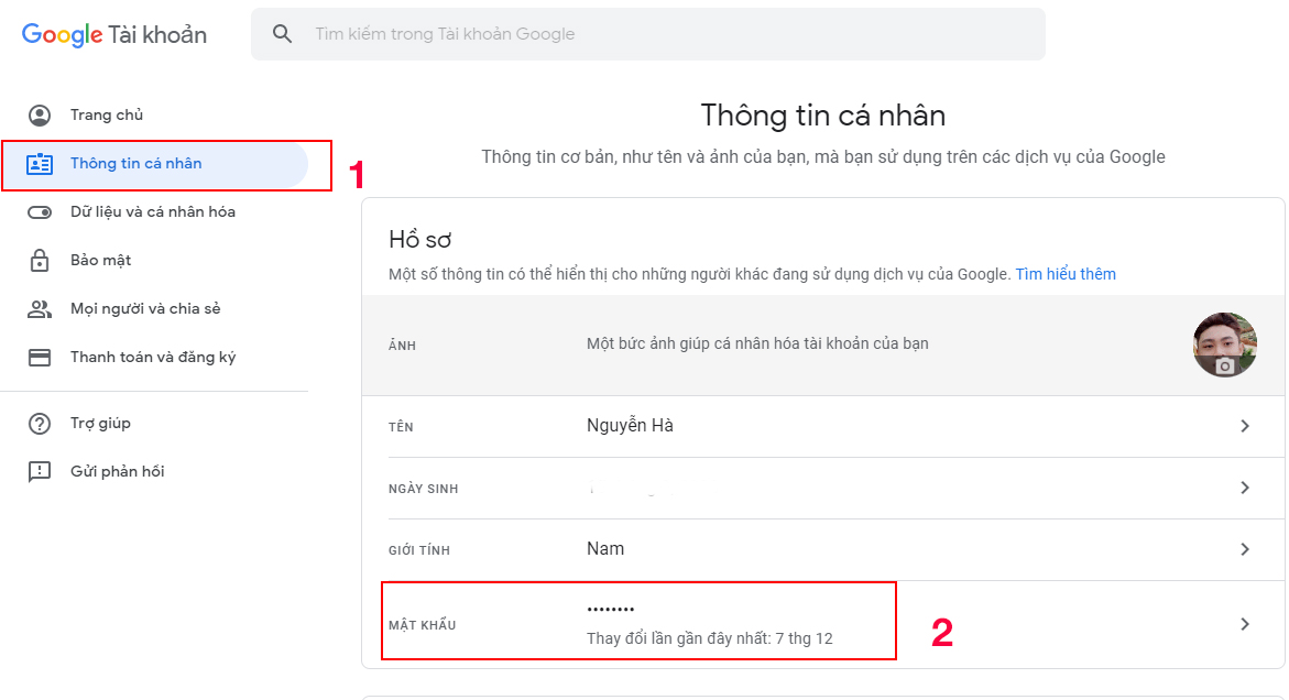 Thông tin cá nhân > Mật khẩu