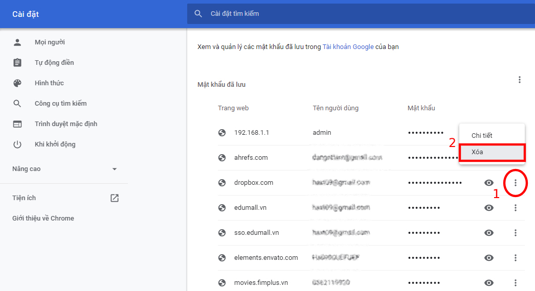 Xóa các mật khẩu đã lưu trên Chrome