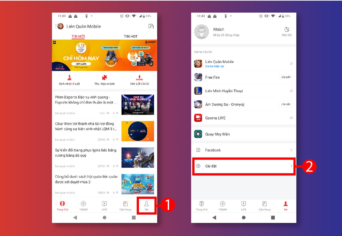 Nhấp vào tab Me và mục Cài đặt