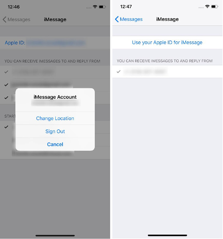 Sau khi đăng xuất nhấn vào Use your Apple ID for iMessage