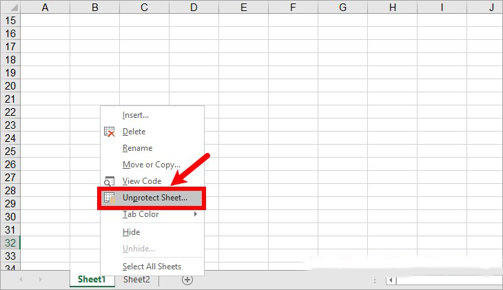 Nhấn chuột phải vào tên sheet -> Unprotect Sheet 