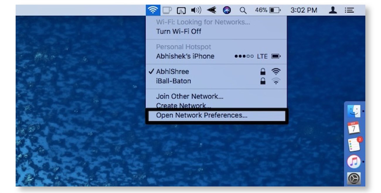 Click vào biểu tượng Wifi > Open Network Preferences