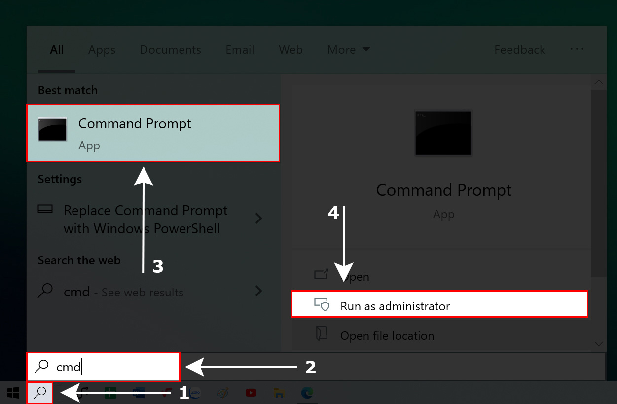 Nhấn Windows > CMD > Click chuột phải vào Command Prompt và chọn Run as administrator.