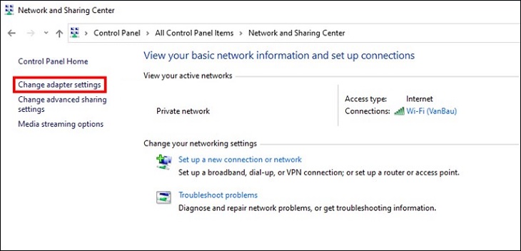 chọn mục Change adapter settings