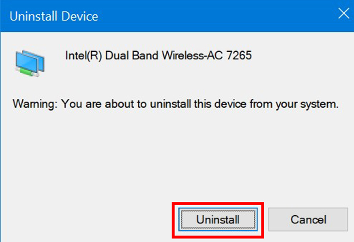 Khi cửa sổ Confirm Device Uninstall hiện ra, nhấn Uninstall.