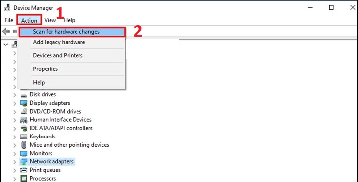 chọn Scan for hardware changes