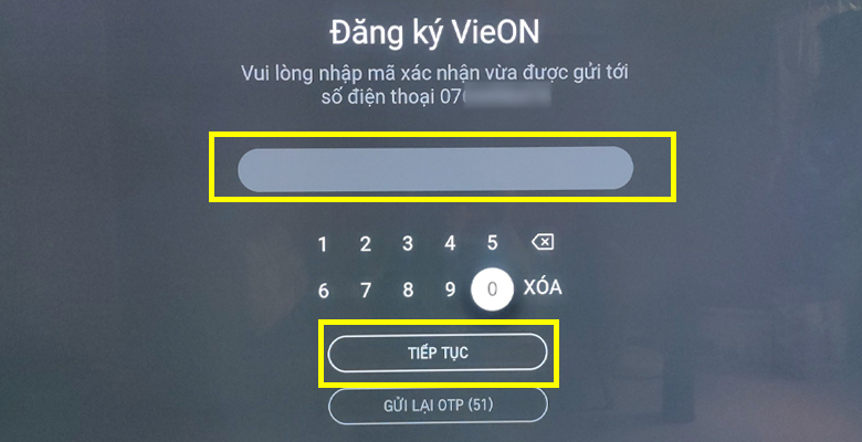Cách kích hoạt gói khuyến mãi VieOn trên smart tivi LG > Nhập mã xác nhận OTP ứng dụng VieOn
