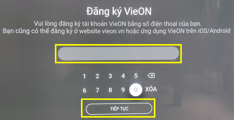 Cách kích hoạt gói khuyến mãi VieOn trên smart tivi LG > Nhập số điện thoại tạo tài khoản VieOn