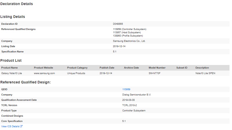 Chứng nhận của Galaxy Note 10 Lite