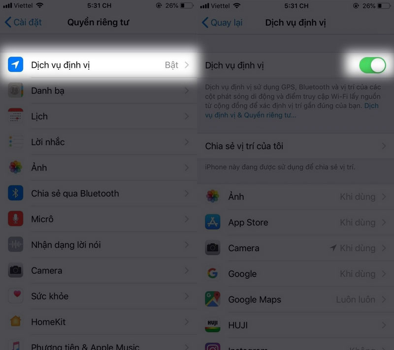 Tắt định vị trên iPhone