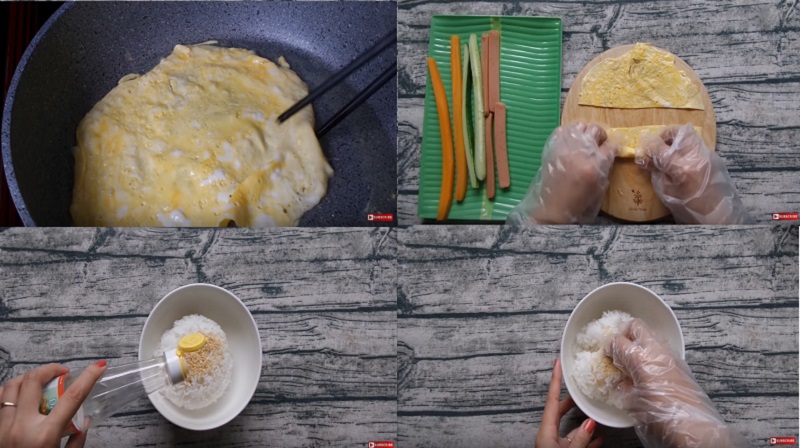 Đánh đều 1 quả trứng gà, chiên lớp mỏng, rồi sau đó cuộn lại thành sợi dài.