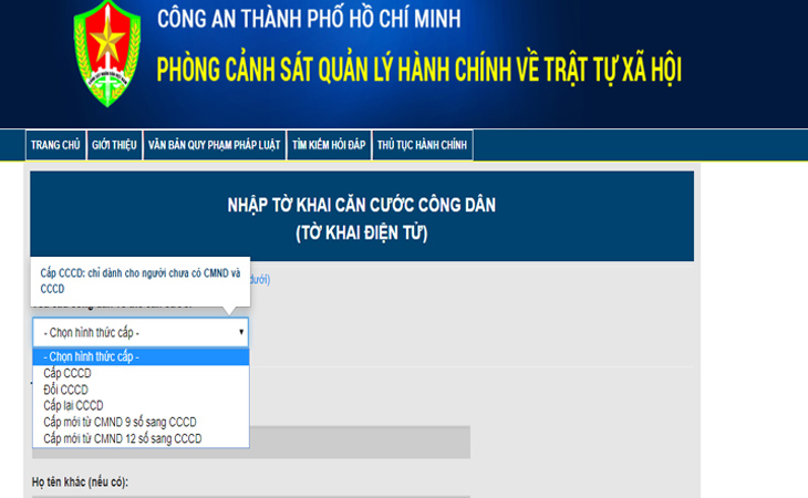 Chọn hình thức cấp căn cước công dân